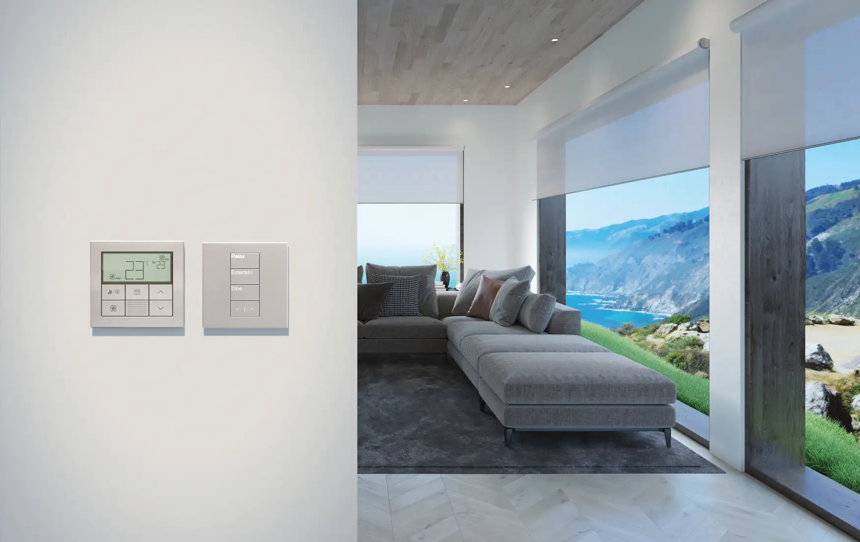 Palladiom keypad and thermostat with  roller shades in background with open fabric to preserve views