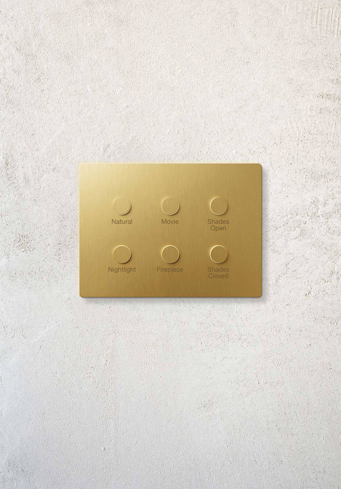 Alisse keypad lighting control in brass finish creates bespoke lighting scenes. 