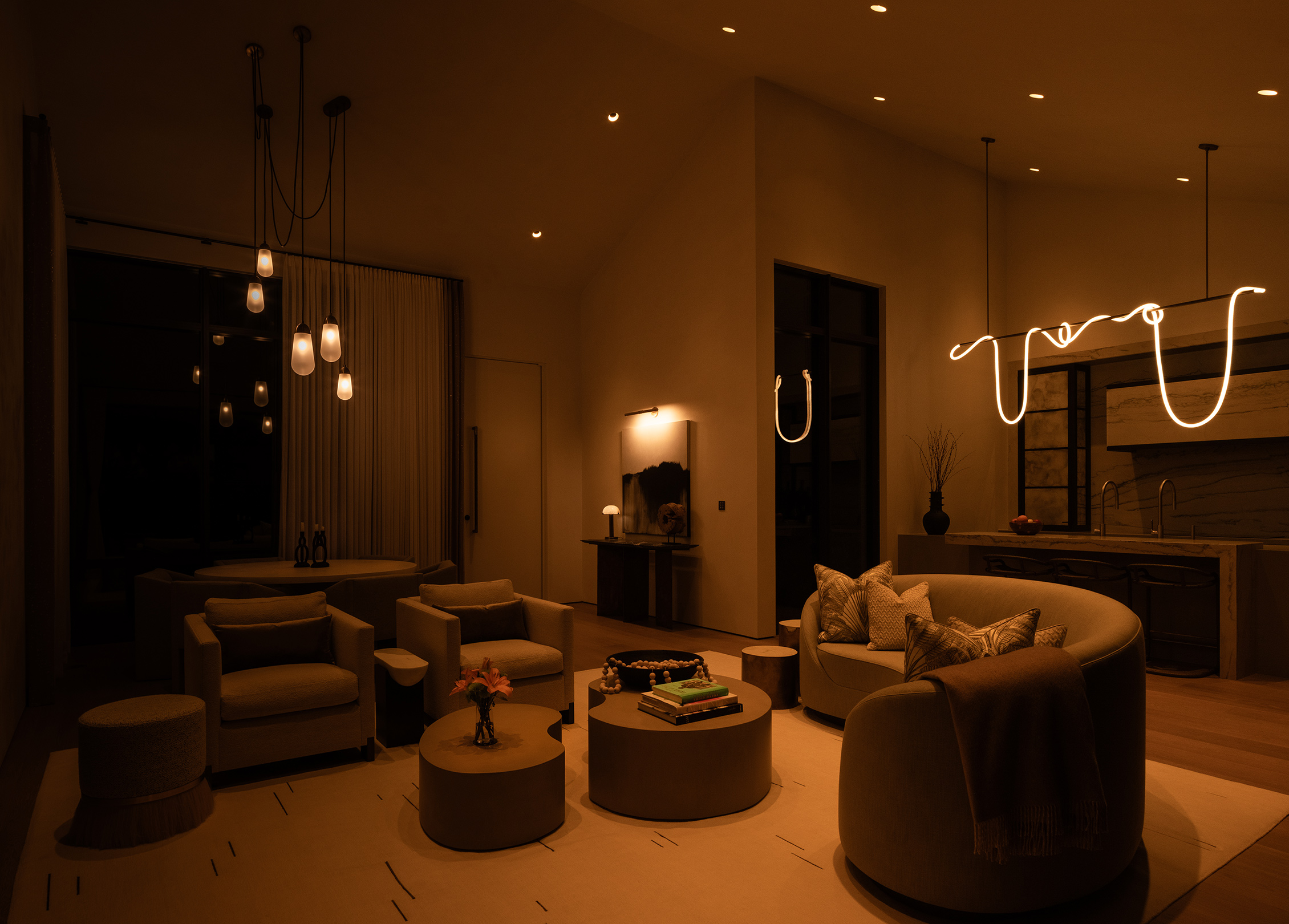 Nighttime living room lighting scene featuring decorative lighting at Stay Bungalow