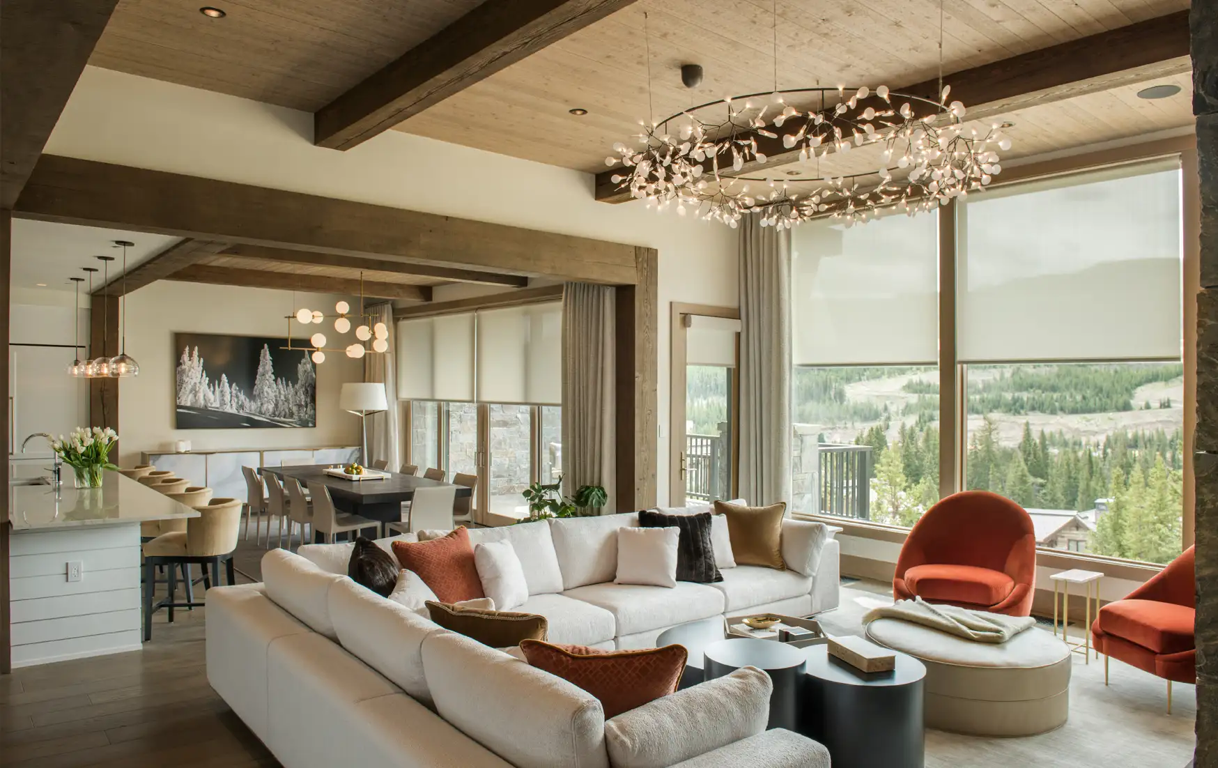 Living room lighting with automated draperies, palladiom roller shades, and decorative lighting