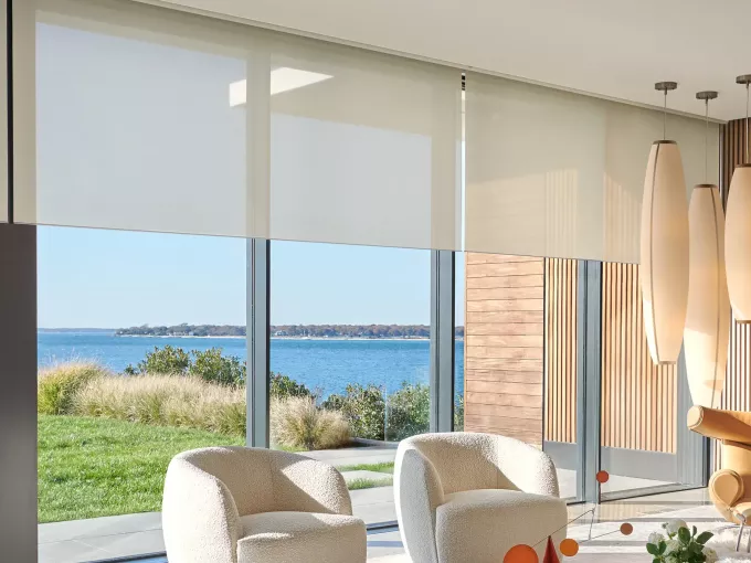 Palladiom roller shades in living room balancing view preservation and daylight control