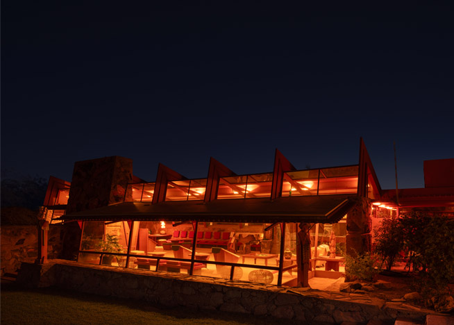 Ketra lighting illuminating Taliesin West following Lutron lighting restoration.