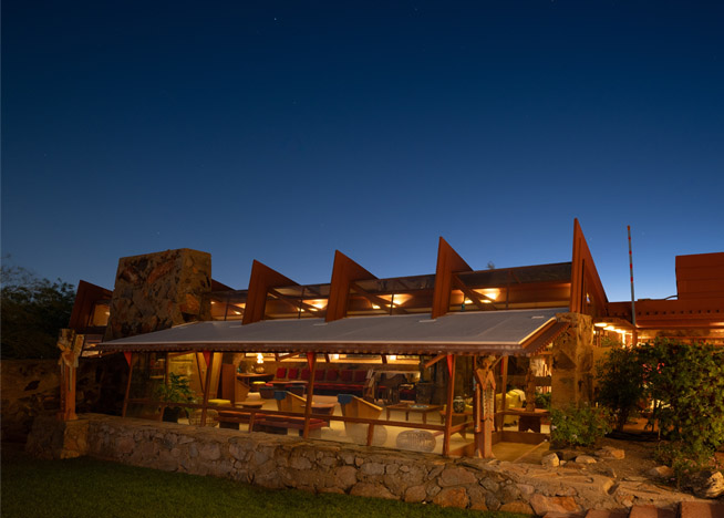 Exterior of Frank Lloyd Wright's historic Taliesin West following Lutron lighting restoration.