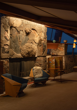 Ketra downlights over fireplace at Taliesin West.