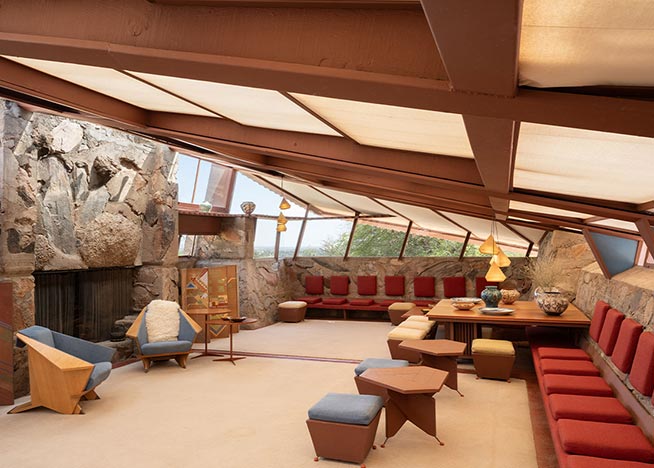 Automated Lutron window treatments allow natural light to remais Taliesin West’s primary light source.