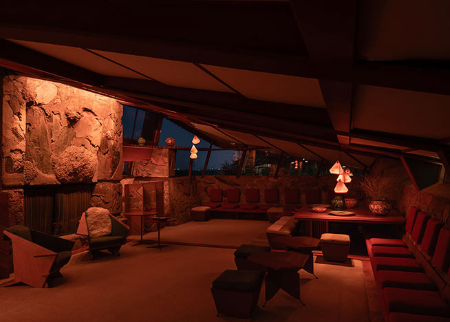  Ketra lighting at night complements the reds, blues, and golds throughout Taliesin West.