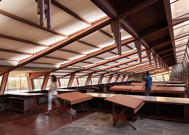 Lumaris tape lighting tucked into the ceiling beams adjusts through the day at Taliesin West.