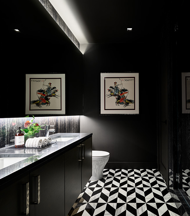 Bathroom lighting with linear architectural lighting and undercabinet lighting over sinks. Photo credit Frank Oudeman