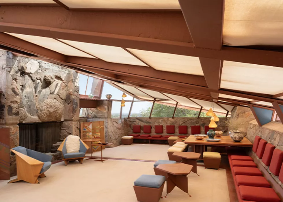 Automated Lutron window treatments allow natural light to remais Taliesin West’s primary light source.