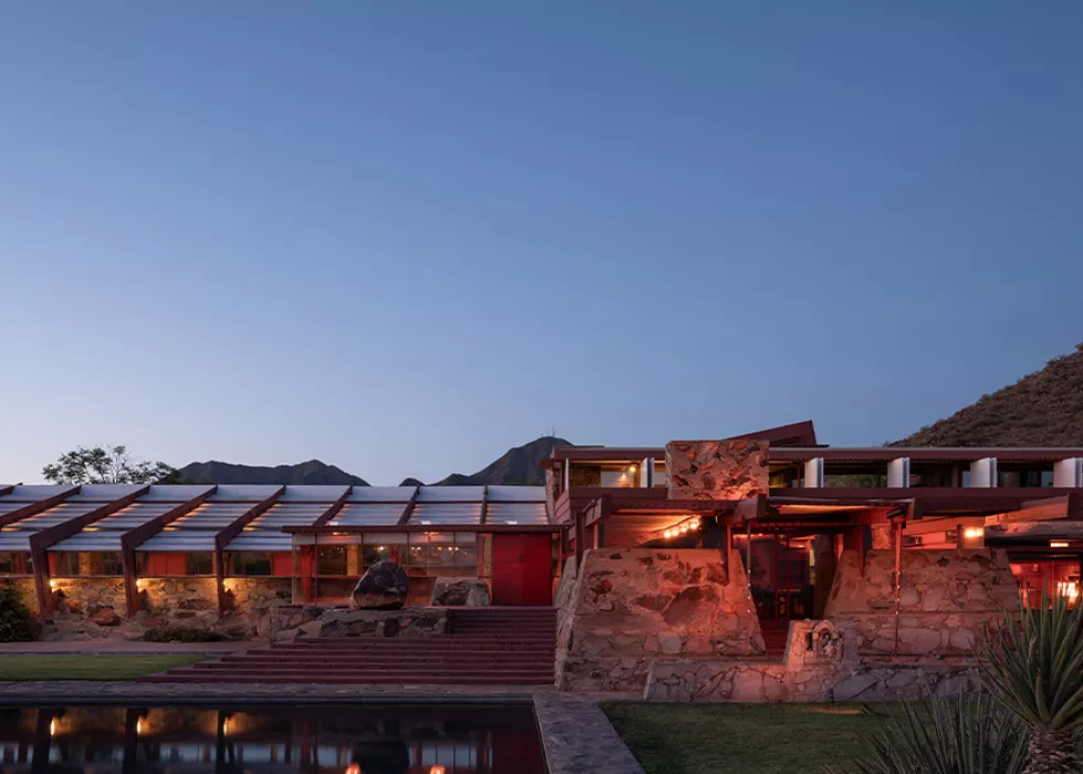 Frank Lloyd Wright's historic Taliesin West at dusk powered by Ketra lighting following Lutron lighting restoration.