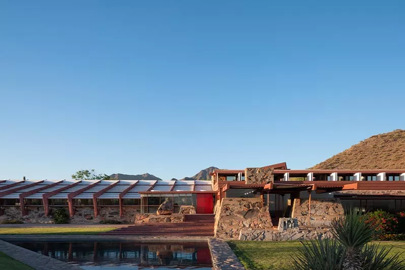 Exterior of Frank Lloyd Wright's historic Taliesin West following Lutron lighting restoration.