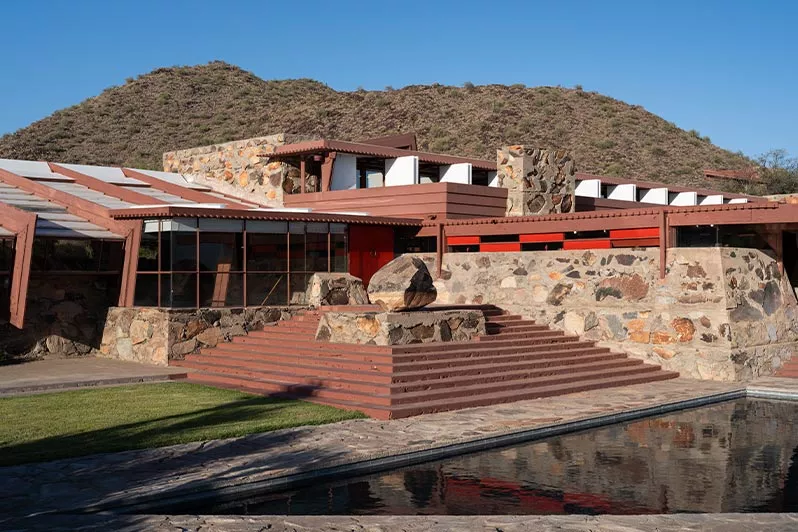 Stairwell of Frank Lloyd Wright's historic Taliesin West following Lutron lighting restoration.