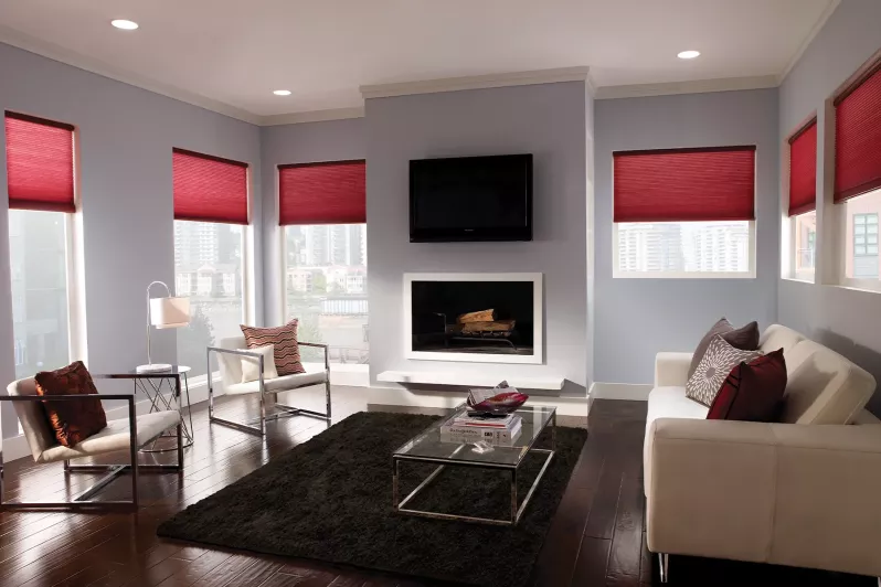 Automated cellular shades in living room setting provide privacy while allowing natural light through light-filtering fabrics