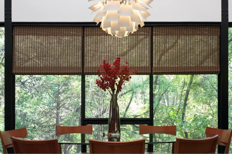 Decorative light fixture and roman shades with open weave fabric to preserve views in dining room