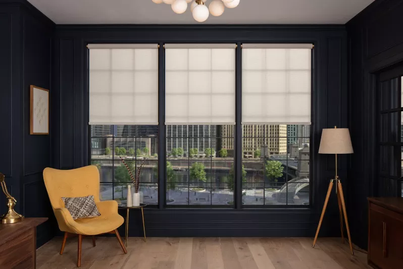 Automated roller shades with intelligent hembar alignment in a home office setting.