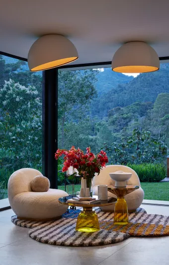Chandelier and roller shades in dining room balancing view preservation and daylight control