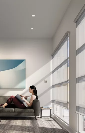 Automated roller shades with open weave enabling view preservation during the day